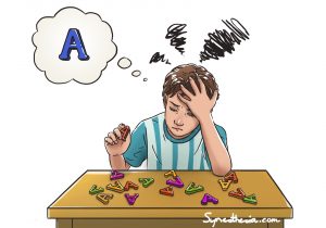 a synesthetic child seeing a lot of colored letters in front of him. He looks for letter A in blue, but all the letters are in the wrong, incongruent color.